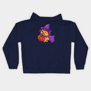 Cute Wizard Dog Bring Pumpkin Halloween Cartoon Kids Hoodie